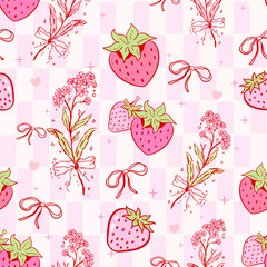 strawberry with bow, strawberry seamless, strawberry pattern, strawberry wallpaper, strawberry digital paper, strawberry background, cute strawberry design, strawberry aesthetic, strawberry fabric p