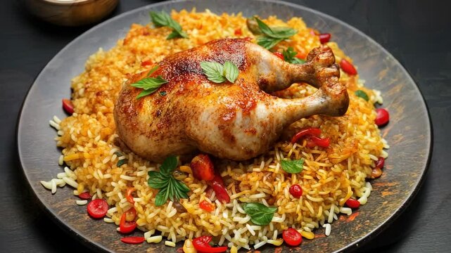 A plate of chicken and rice with green herbs. There are several bowls and spoons on the table