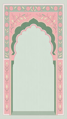 Vertical pastel pink and sage green arched frame with delicate floral line art in vintage botanical style

