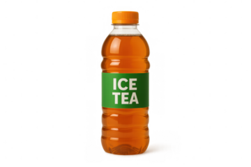 Plastic bottle of ice tea with green label on transparent background, perfect for refreshing summer days