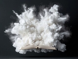 Open Book Exploding in White Cloud of Particles Against Dark Background