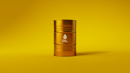Single gold metal oil barrel on yellow background. Front view. Oil industry concept. 3d render illustration