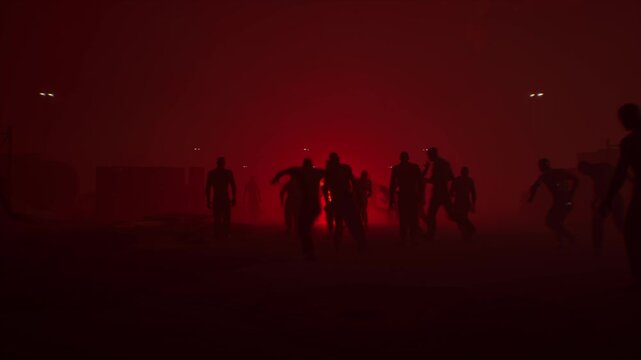 A crowd of zombies attacks a person who prefers to shoot himself, a symbolic concept, a reasonable person is illuminated by a glow, he is devoured by a crowd of dark living dead
