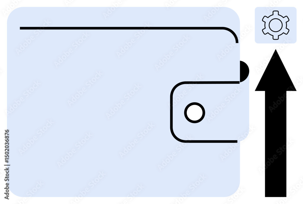 Aufkleber wallet with a settings gear icon and upward arrow signifying configuration, setup, or system upgrade