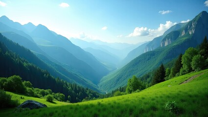 Obraz premium Majestic Mountain Landscape With Lush Green Valleys and Blue Sky Overlooking Natures Beauty