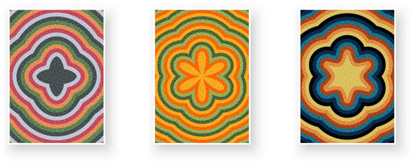 Three abstract designs featuring floral and starburst shapes with colorful concentric waves. Vector illustration.