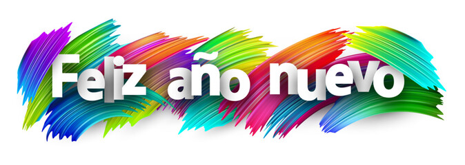 Vector illustration with Happy New Year phrase in bold white text on vibrant multicolored abstract brushstroke background.