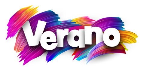 Obraz premium Spanish word meaning summer in bold white letters over vibrant multicolor vector brush strokes