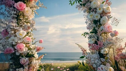 Decorative archway with flowers for a wedding ceremony.