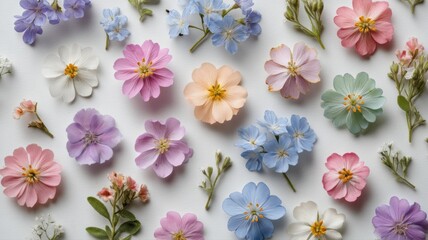 Delicate pastel wildflowers arranged in a minimalist flat lay. Perfect for spring themes, blogs, or branding. Soft, vibrant colors and clean design.