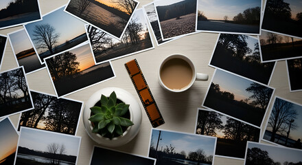 Aerial View of Photography Collection - Prints, Coffee, and Film on Table