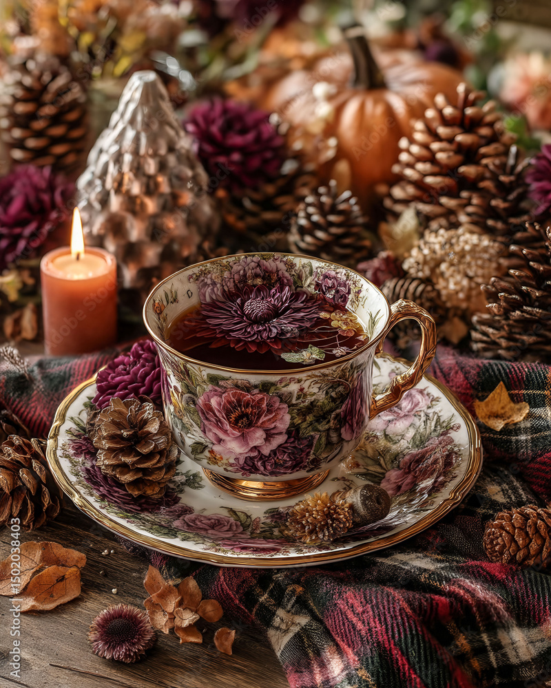 Poster a cup with flowers on it sits on a table with a candle and some pine cones. the scene is warm and co