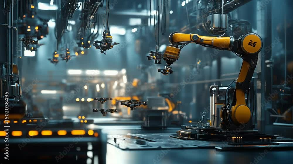 Poster futuristic factory: automated production line with robotics and drones