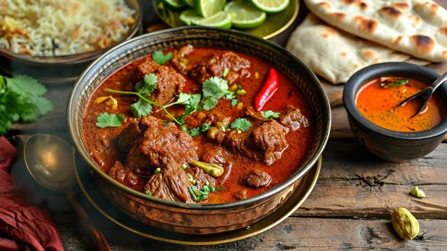 Spicy beef curry in bronze pot, served with accompaniments.
