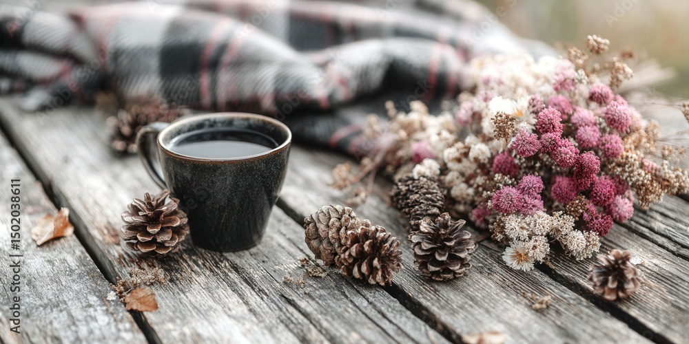Poster a wooden table with a cup of coffee and pine cones on it. the table is covered with a blanket and th