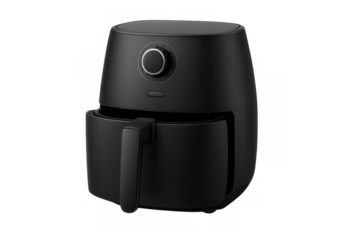 Black air fryer with opened drawer, isolated on transparent background, presents a modern kitchen appliance for healthy cooking