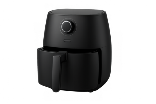 Black air fryer with opened drawer, isolated on transparent background, presents a modern kitchen appliance for healthy cooking - Powered by Adobe