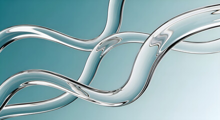 Abstract chrome fluid shapes on gradient background – 3D render of metallic twisted tubes in motion, futuristic design with glossy reflections
