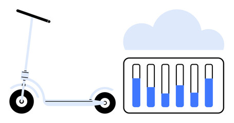 Electric scooter alongside a cloud storage graphic and battery levels, representing smart connectivity. Ideal for eco-transport, IoT, innovation, mobility, sustainability, energy solutions, simple