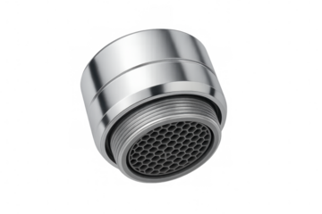 Chrome faucet aerator with honeycomb design, highlighting innovative water-saving plumbing fixture against transparent surface