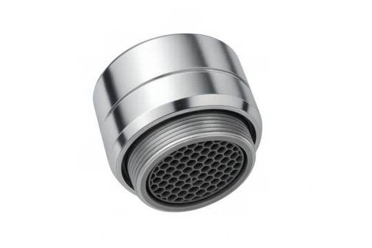 Chrome faucet aerator with honeycomb design, highlighting innovative water-saving plumbing fixture against transparent surface