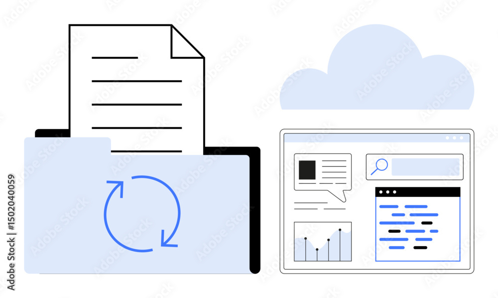 Poster folder with sync arrows containing a file, cloud representing storage, and a dashboard with data, ch