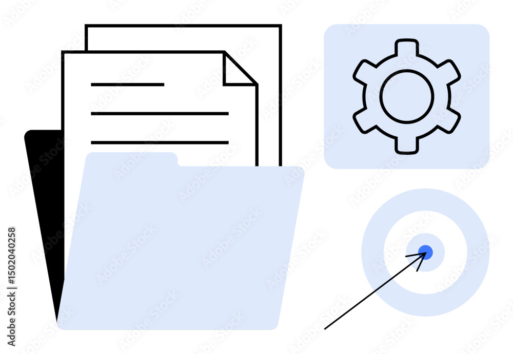Poster open folder with papers, gear icon for configuration, and target with arrow. ideal for organization,