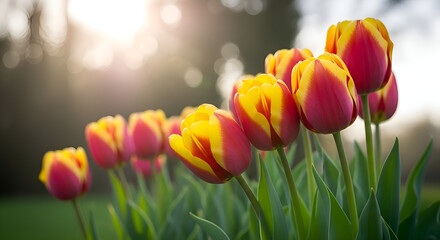 Vibrant red and yellow tulips blooming in spring garden at sunrise
