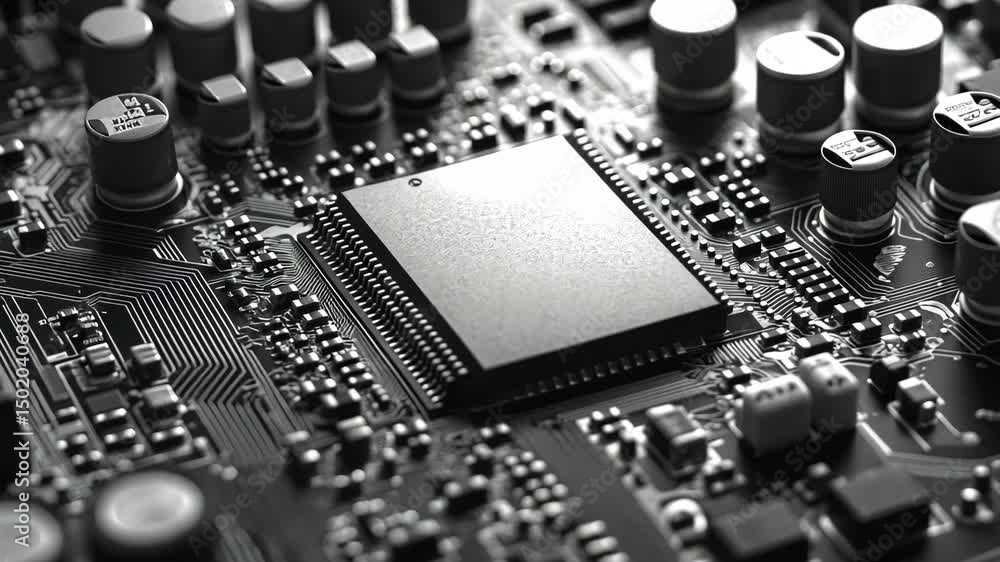 Aufkleber close-up of a semiconductor chip and its surrounding components on a printed circuit board.