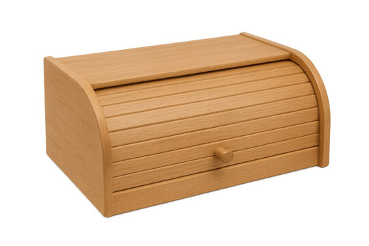 Rustic wooden bread container featuring sliding door, preserving freshness and protecting bakery items on clean isolated background