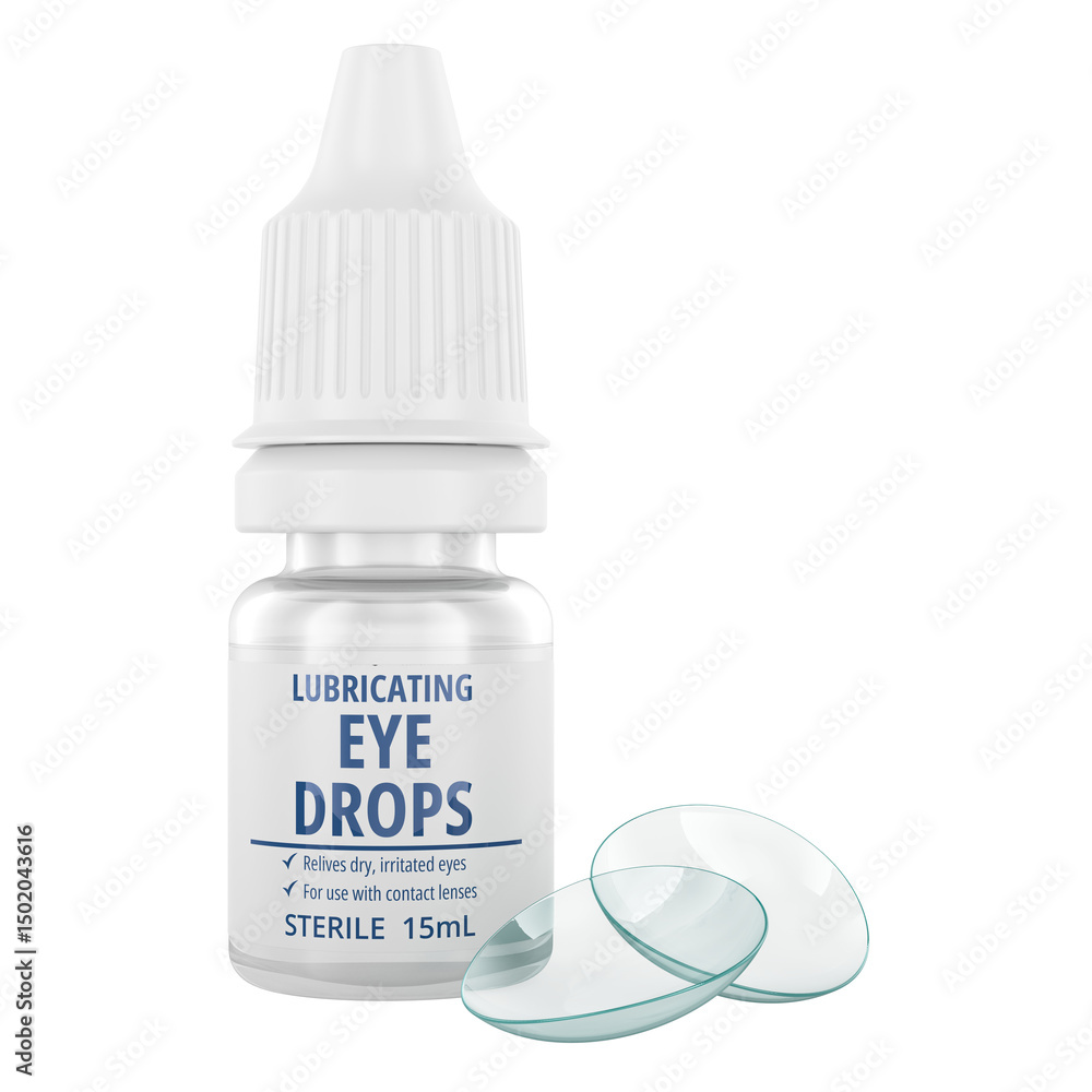 Poster lubricating eye drops with contact lenses, 3d rendering isolated on transparent background