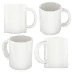 White ceramic mug, mockup set. Multiple angles front, side. 3D rendering isolated on transparent background