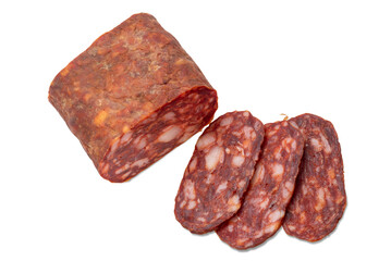 Whole and sliced Soppressata typical Italian spicy salami also called spianata isolated