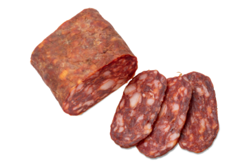 Whole and sliced Soppressata typical Italian spicy salami also called spianata isolated
