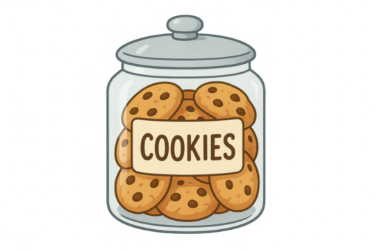 Glass cookie jar brimming with chocolate chip cookies, isolated on transparent background, cartoon-style rendering