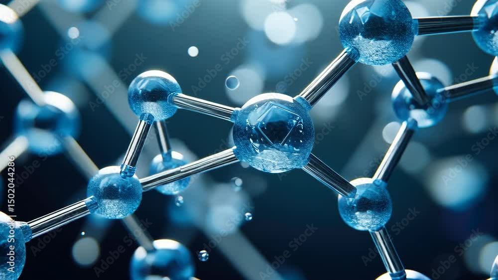 Poster animated representation of molecular structure and bonding with water molecules.
