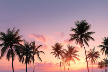 Naklejka premium Palm trees on a tropical beach glowing under the warm colors of a sunset sky
