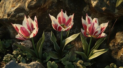 Fototapeta premium Three tulips, white and red, bloom in rocky garden setting