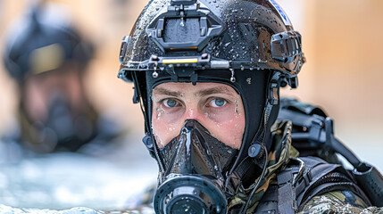 Fototapeta premium Tactical soldier in diving gear with mask and equipment preparing for underwater mission