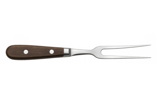 Studio shot of a large meat fork featuring a wooden handle, isolated on a transparent background