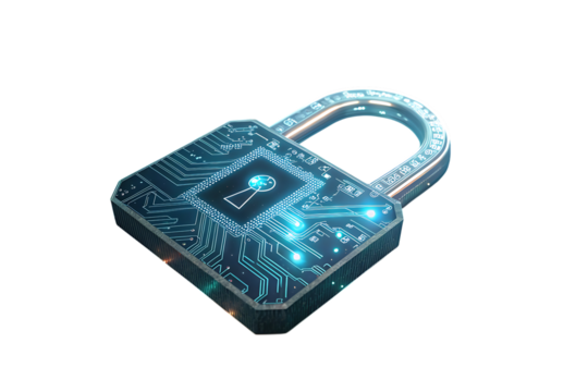 Futuristic digital padlock representing data security and cyber protection on a dark black background with glowing circuits.