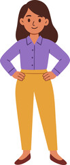 Obraz premium Flat Vector Illustration of a Confident Individual Standing with Hands on Hips, Wearing a Purple Shirt and Yellow Pants, Representing Empowerment and Self-Assurance