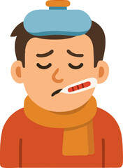Fototapeta premium Flat Vector Illustration of a Sick Person with a Thermometer in Mouth, Ice Pack on Head, and Wearing a Scarf, Depicting Symptoms of Fever and Illness