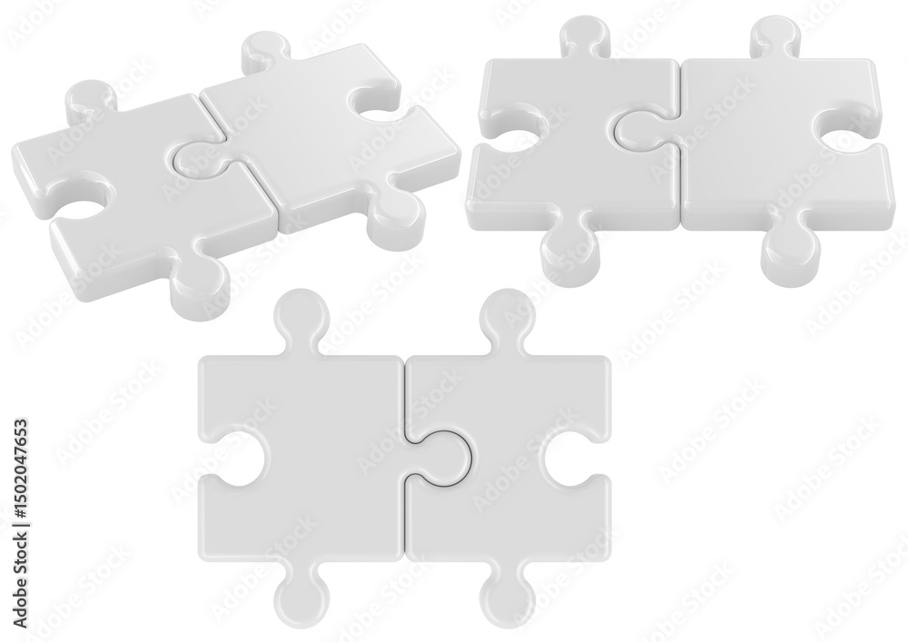 Poster 3d rendering of white puzzle pieces mockup set, connected pairs in different views. 3d rendering iso