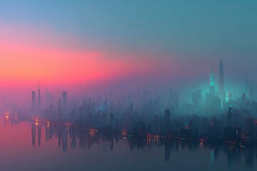 Naklejka premium Vibrant Cityscape at Dusk with Reflective Water and Futuristic Skyscrapers