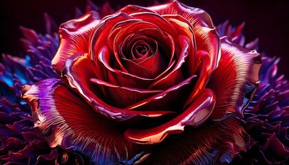 A digitally rendered rose displays a vibrant, metallic sheen with red, purple, and blue hues. The intricate petals have a reflective, glossy texture, creating a striking and surreal appearance. 