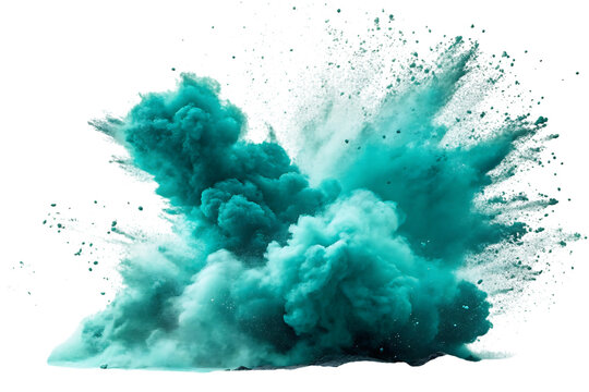 An abstract and dynamic artistic representation of an explosion with vibrant teal colored clouds on black background.