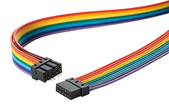 Rainbow colored flat ribbon cable with black connectors on black background for electronics projects