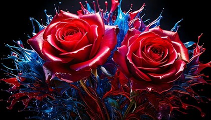 Red Roses with Dynamic Blue and Red Liquid Splash on Black Background