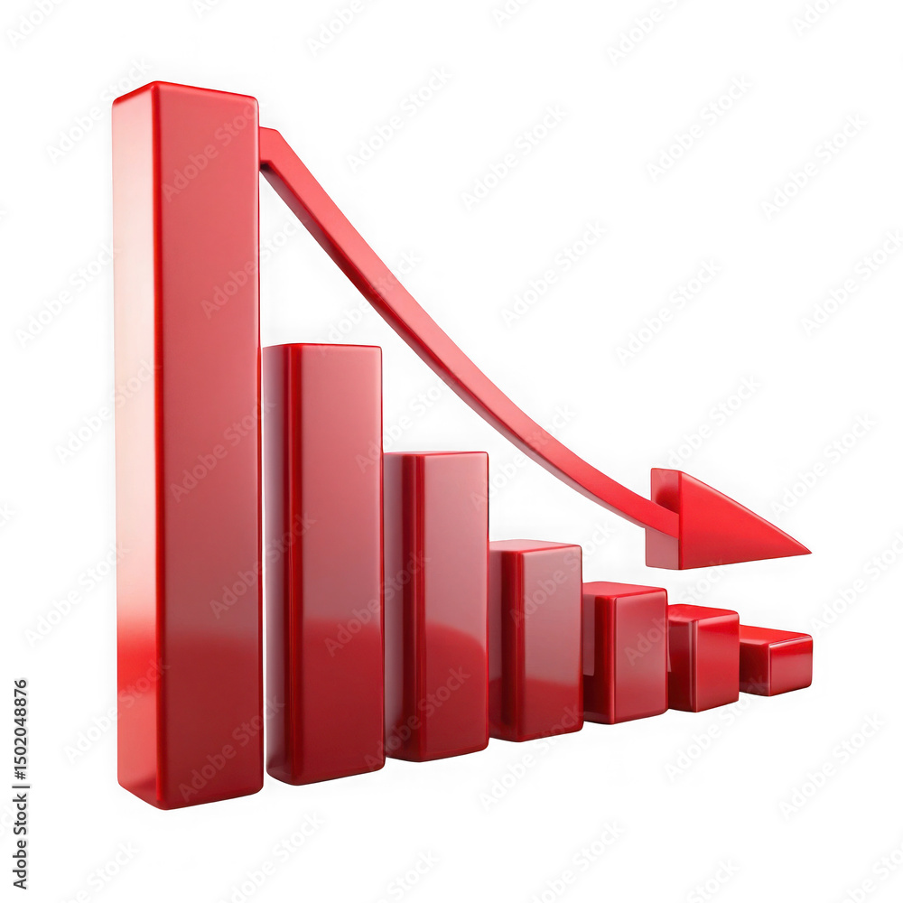 Poster red decrease chart symbolizing economic decline on black background with transparent background